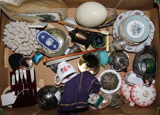 An Edwardian silver cream jug (a.f.), a silver spill vase (a.f.), silver plated wine funnel, mother of pearl manicure set 7 other items